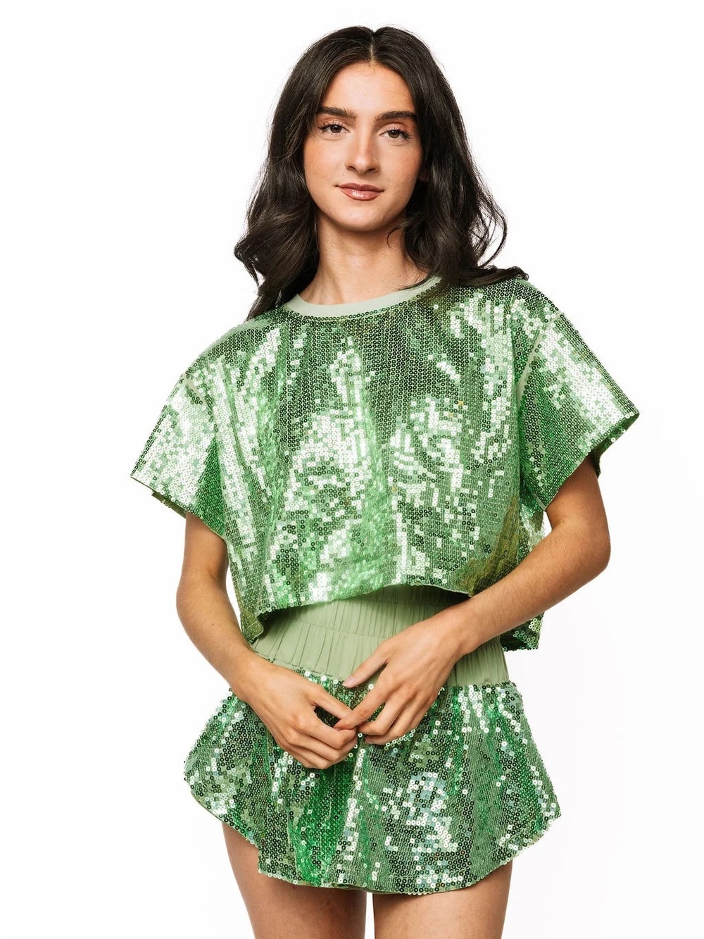 QUEEN OF SPARKLES Green Sequin Cropped Boxy Top Skort Set XS